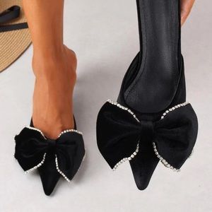Black velvet rhinestone trim pointy toe bow mules